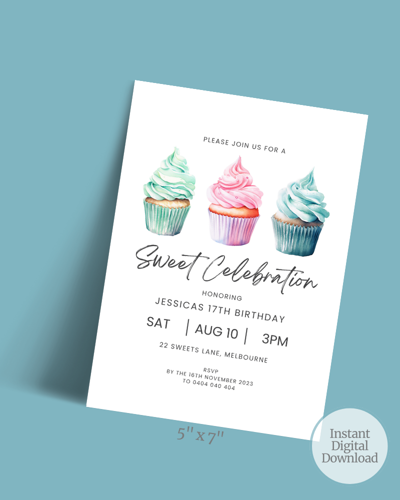 Invitation featuring three colorful cupcakes with text for a birthday celebration in Melbourne.