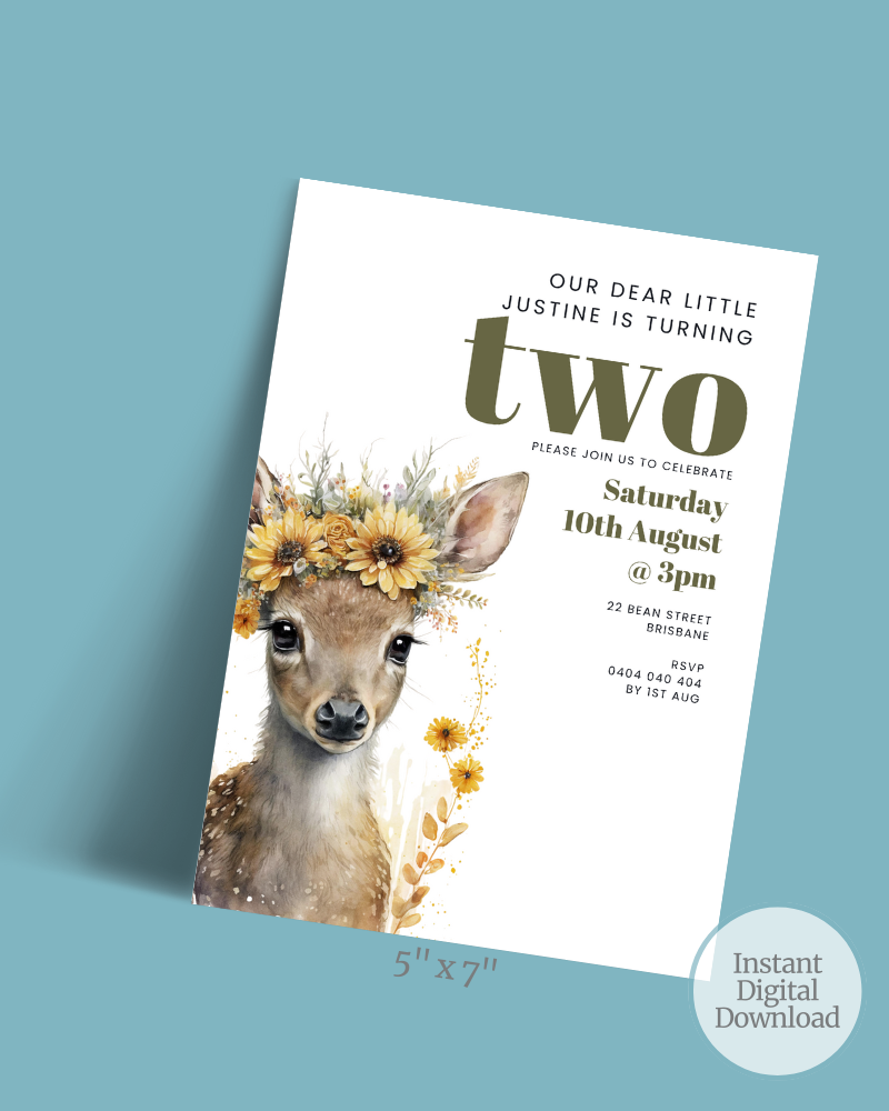 A whimsical invitation featuring a deer adorned with flowers, announcing a birthday celebration for Justine.