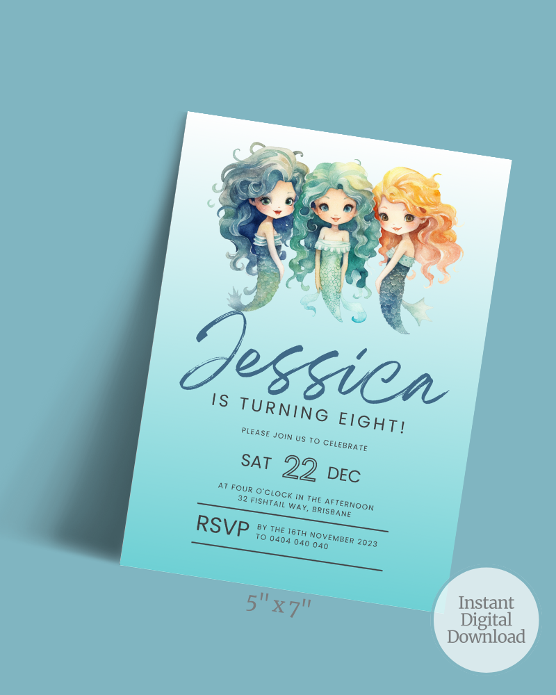 Colorful mermaids celebrate a birthday invitation for Jessica's eighth birthday party, featuring details and RSVP information