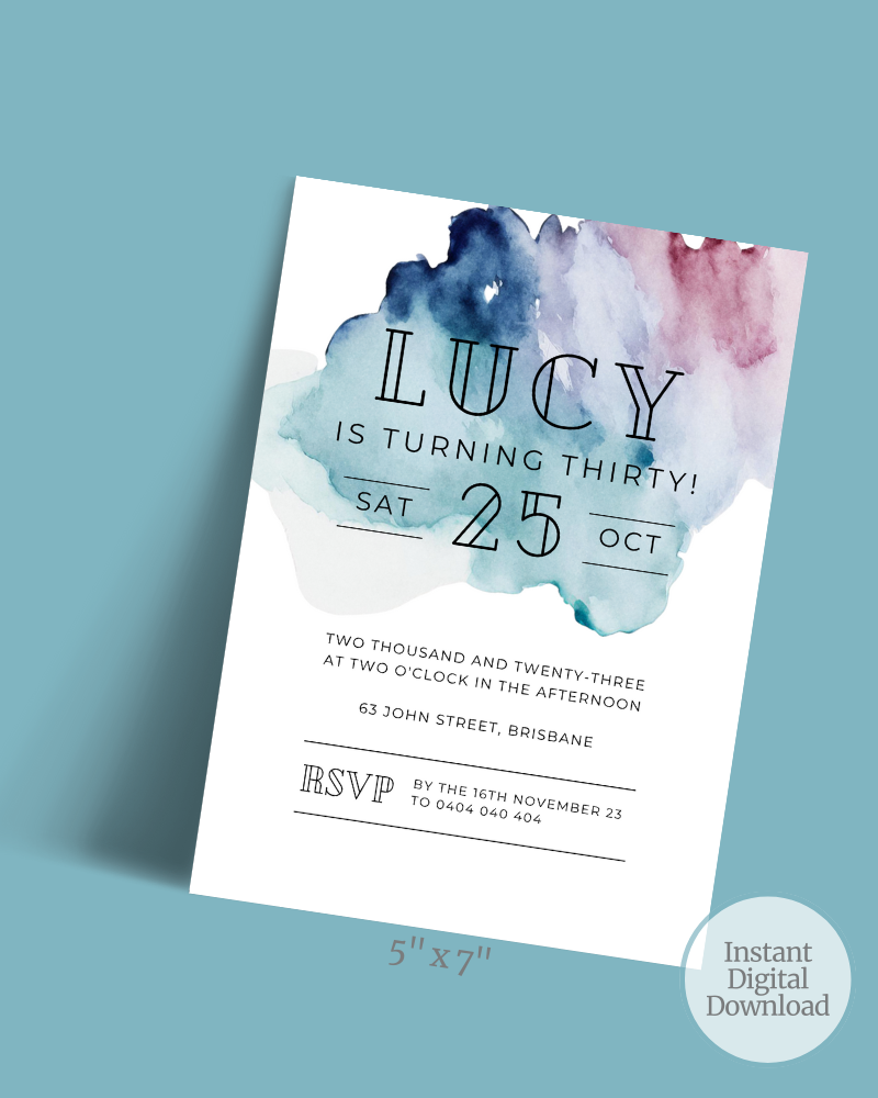 A colorful invitation featuring watercolor splashes with text for a birthday celebration on October 25th.