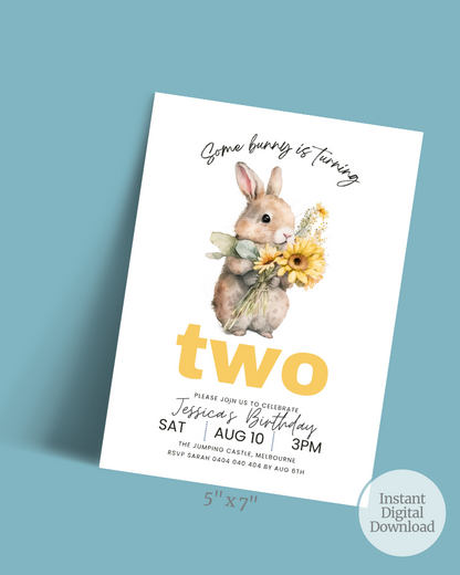 A cute bunny holding sunflowers, announcing a birthday celebration with playful typography and cheerful colors.