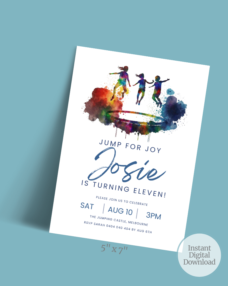 Colorful watercolor illustration of children jumping joyfully, with celebratory text for Josie's eleventh birthday.