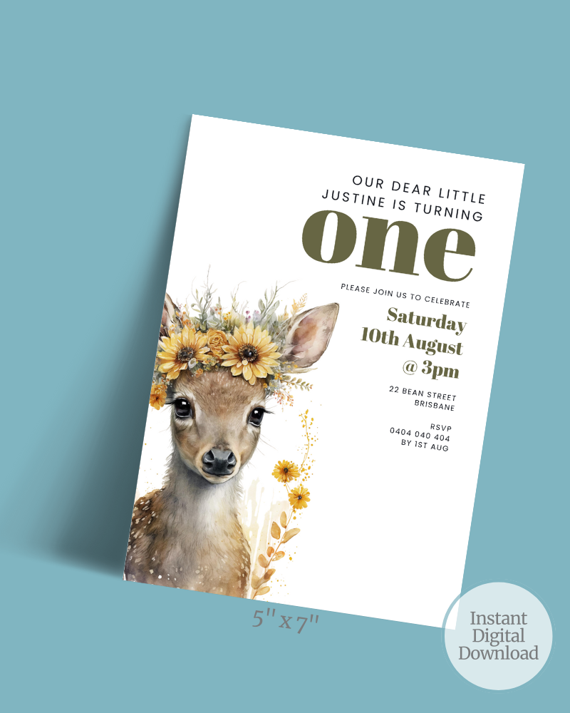 A cute deer with a floral crown, surrounded by text celebrating a first birthday party invitation.