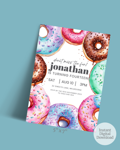 Colorful donuts with sprinkles surround a birthday invitation for Jonathan's 14th celebration on August 10.