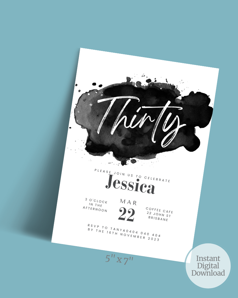 Invitation featuring a black watercolor splash with elegant typography for a 30th birthday celebration.