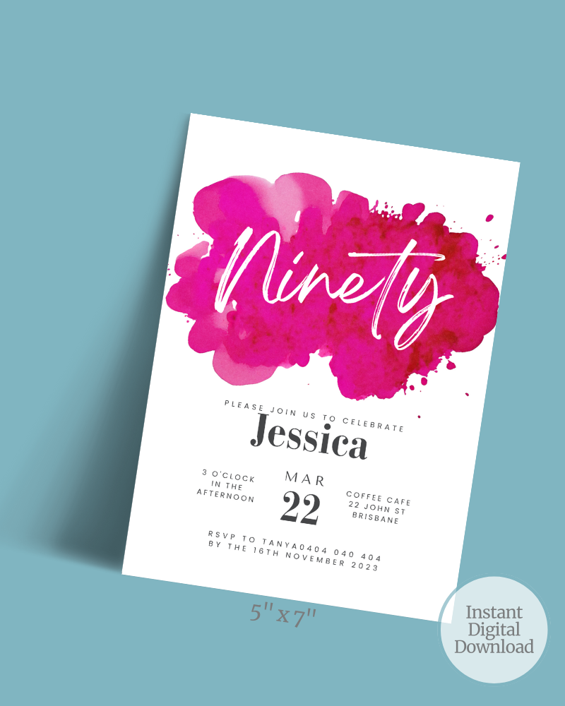 Colorful invitation featuring "Ninety" in bold script, with event details in a clean, elegant font.