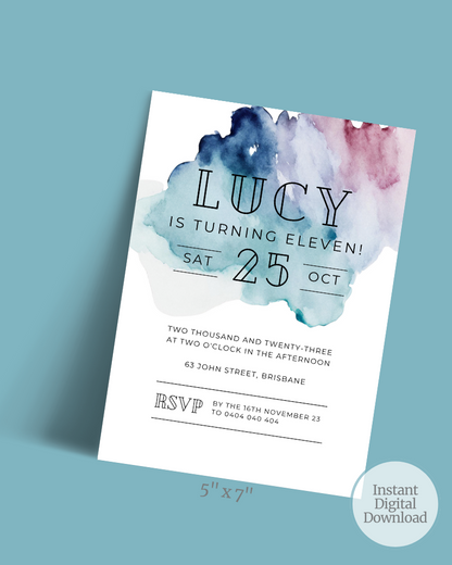 Colorful watercolor background with event details for a child's birthday celebration in Brisbane.