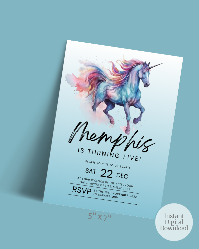 Colorful unicorn illustration with flowing mane, announcing a birthday celebration for Memphis, December 22nd.