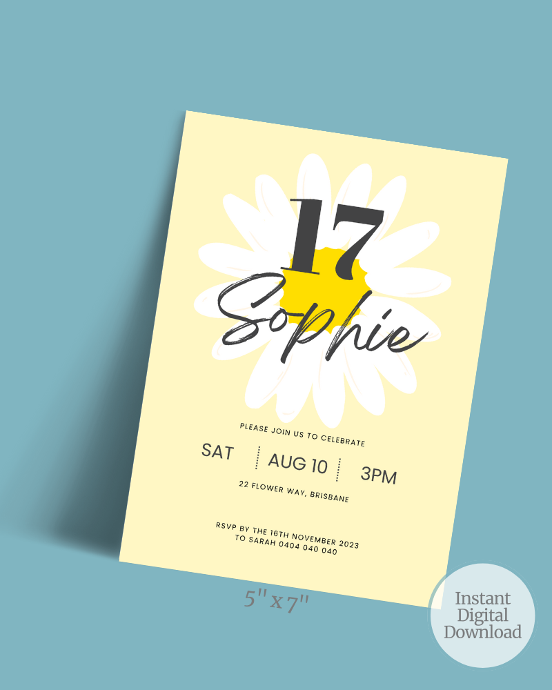 Birthday invitation featuring a daisy, yellow background, and bold text for a 17th celebration.