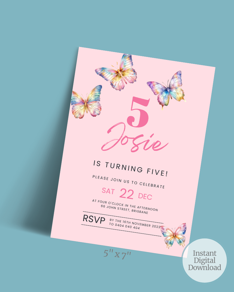 Colorful butterflies surround a pink invitation for a fifth birthday celebration featuring the name Josie.