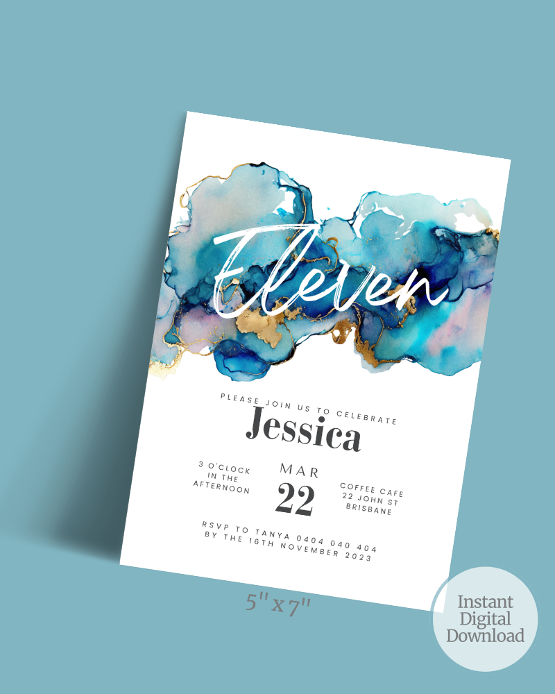 Colorful abstract watercolor background with elegant text for a celebration invitation featuring "Eleven" and event details.