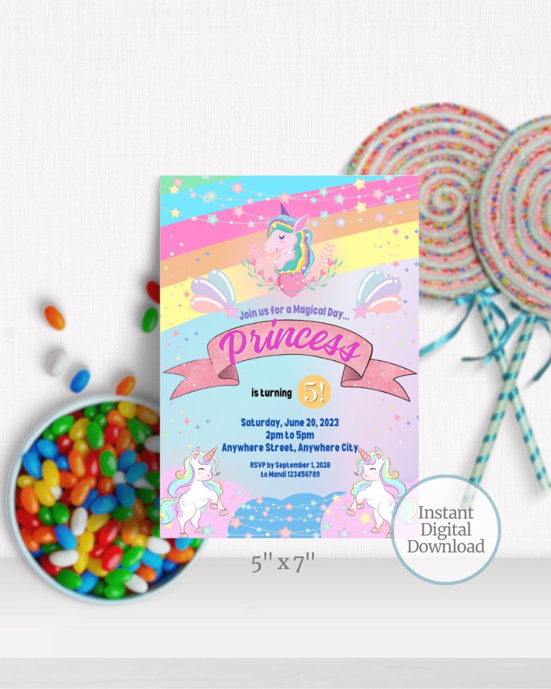 Colorful invitation featuring a unicorn and pastel rainbow background, celebrating a 5th birthday with details included.