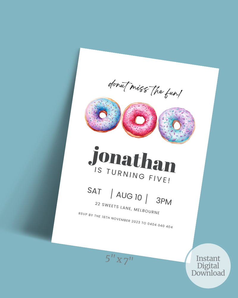 Colorful donuts with sprinkles above a birthday invitation for Jonathan’s fifth birthday celebration.