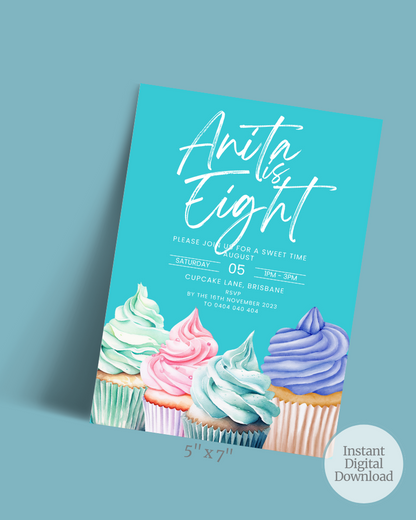 Colorful cupcakes with swirled frosting in pastel shades, set against a bright turquoise background with text details.