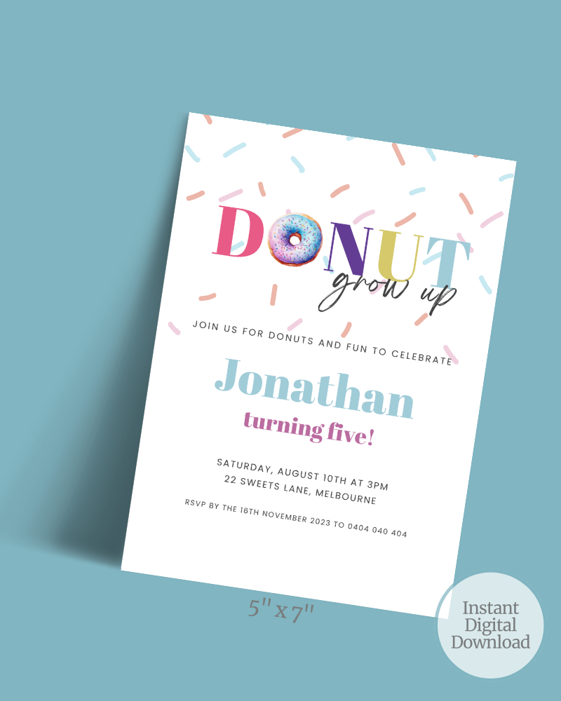 Colorful invitation featuring playful typography and sprinkles, celebrating Jonathan's fifth birthday party.