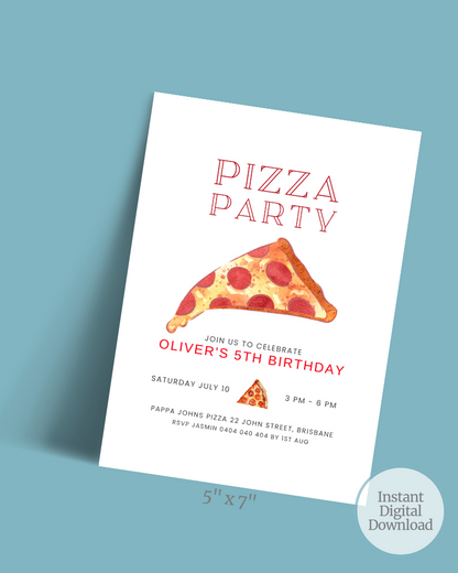 Colorful invitation for a birthday celebration featuring a slice of pepperoni pizza with festive text.