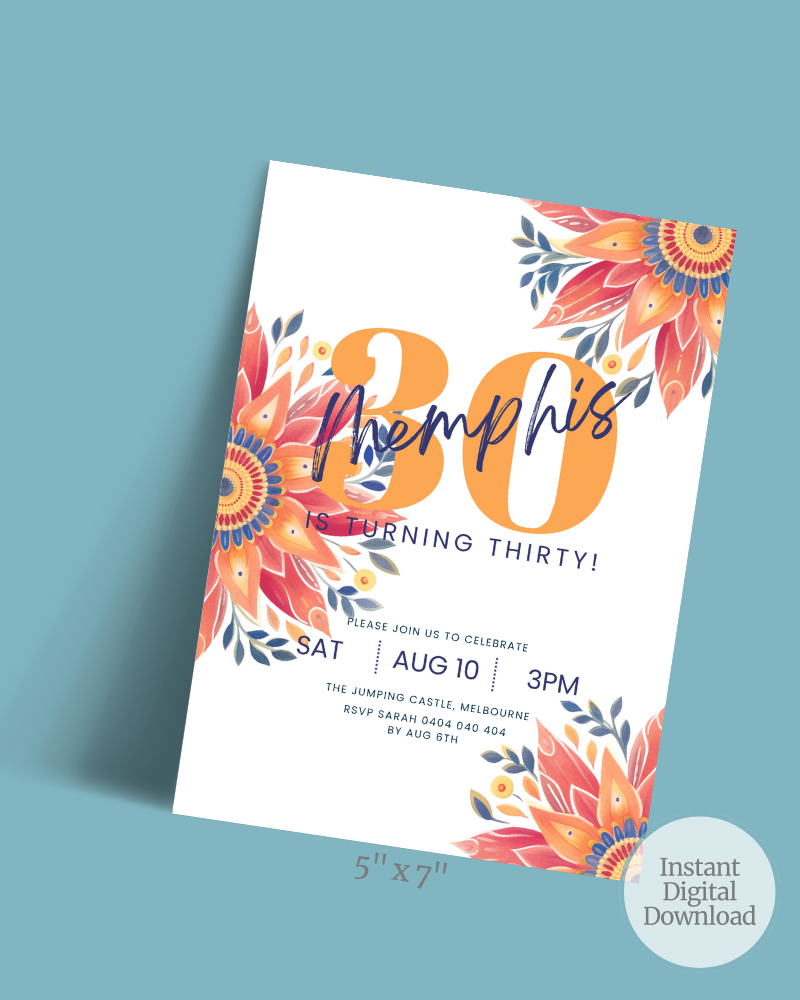 Colorful invitation featuring floral patterns, celebrating a 30th birthday, with details on date and location.