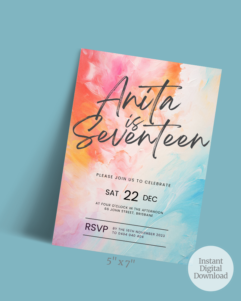 Colorful, swirling pastel hues create a vibrant backdrop for a celebratory invitation featuring elegant typography.