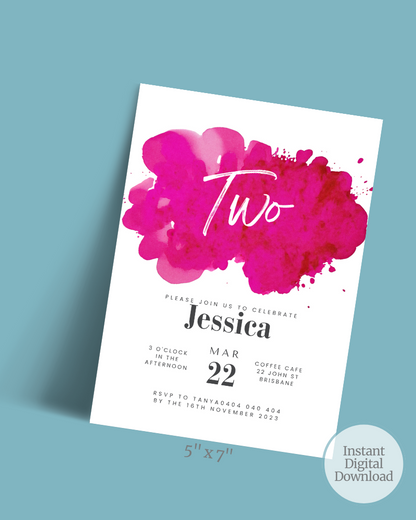 Invitation featuring vibrant pink watercolor splashes, details for a celebration, and RSVP information.