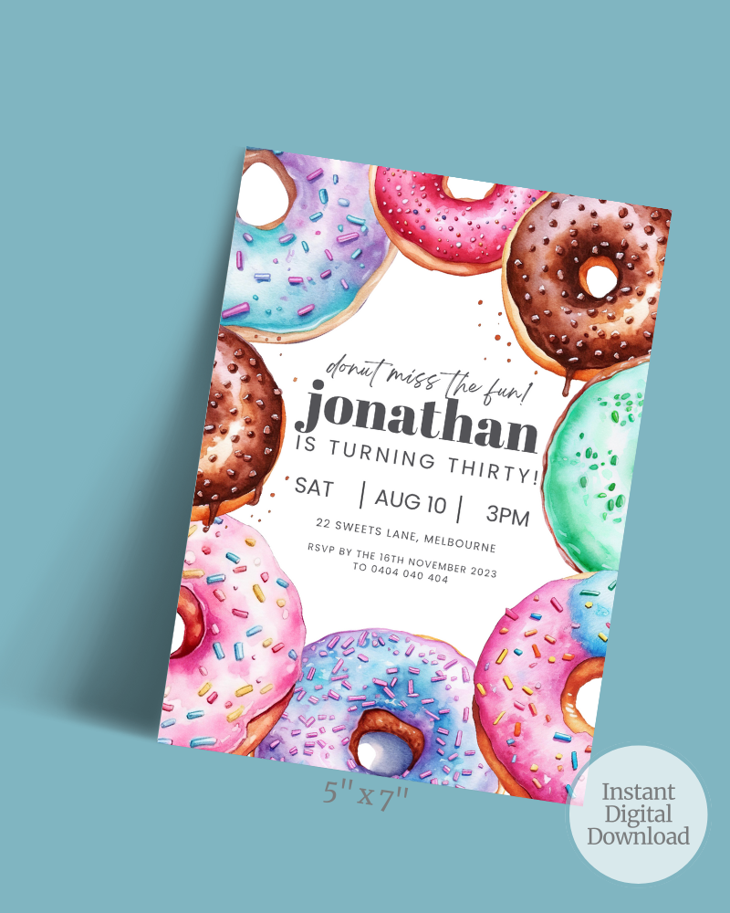 Colorful donuts with sprinkles surround a birthday invitation for Jonathan's 30th celebration on August 10.