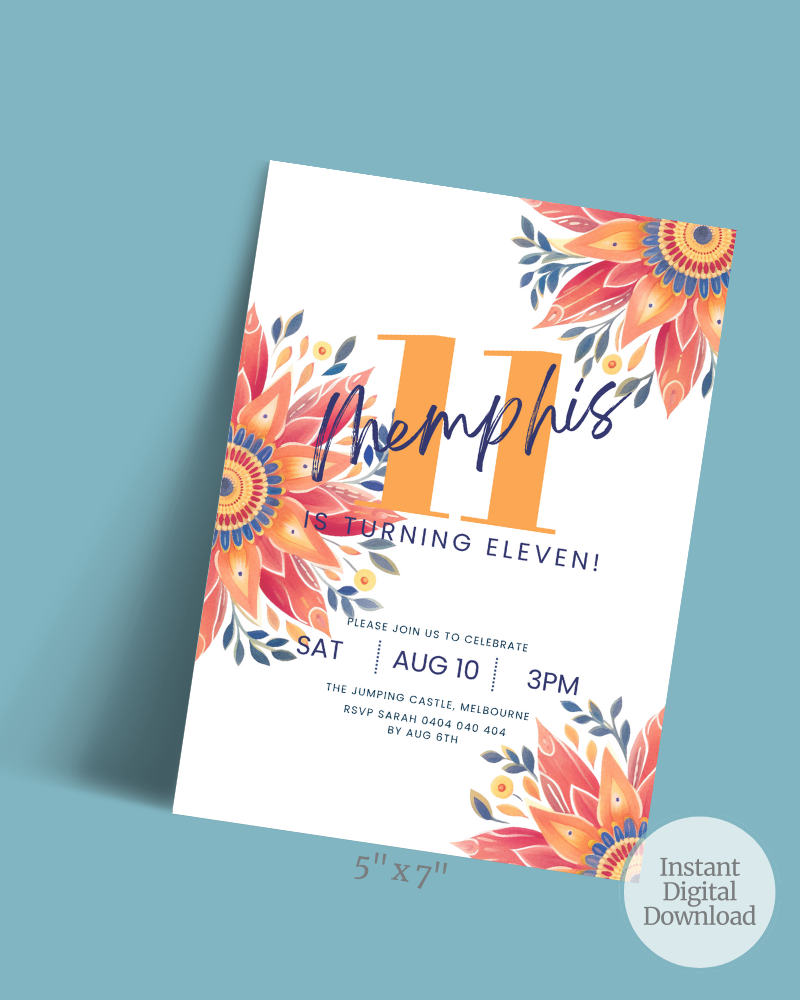 Colorful invitation featuring floral designs, bold text, and details for a birthday celebration.