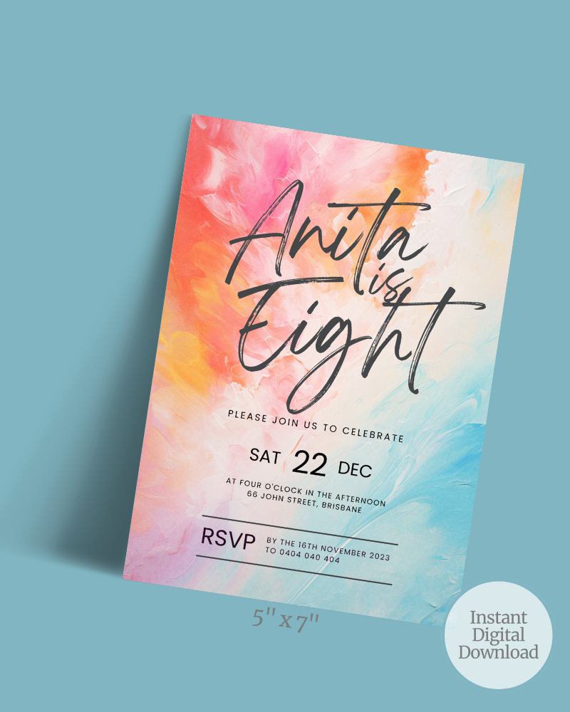 Colorful abstract background with bold text inviting to a celebration on December 22. RSVP details included.