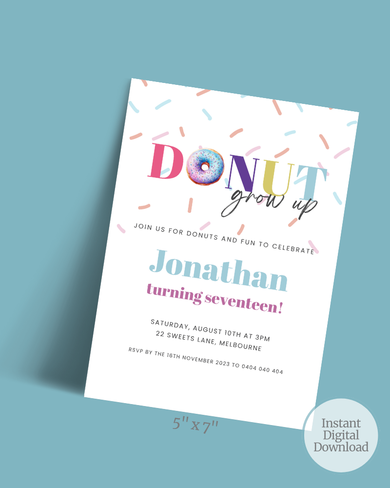 Colorful invitation featuring playful text and sprinkles, celebrating Jonathan's 17th birthday with a donut theme.