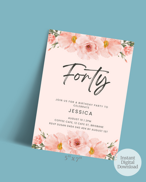Floral Pink Birthday Party Invite Ages 1-90 | Digital Download ALW13