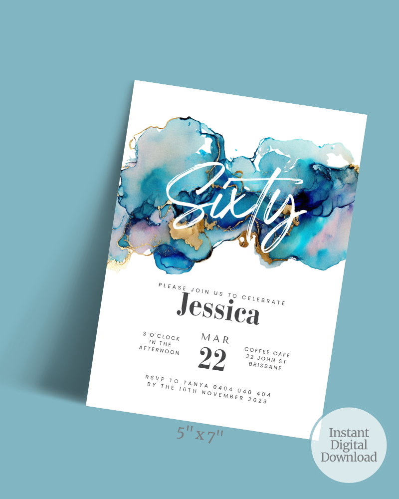 Invitation featuring vibrant blue and gold watercolor splashes with elegant typography for a 60th birthday celebration.