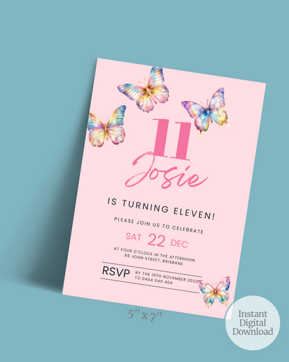 A pink invitation featuring colorful butterflies, celebrating Josie's 11th birthday on December 22.