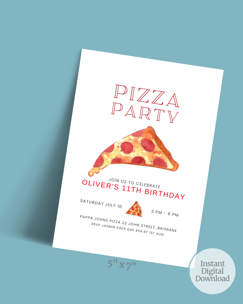 Colorful invitation featuring a slice of pepperoni pizza, celebrating Oliver's 11th birthday on July 10.