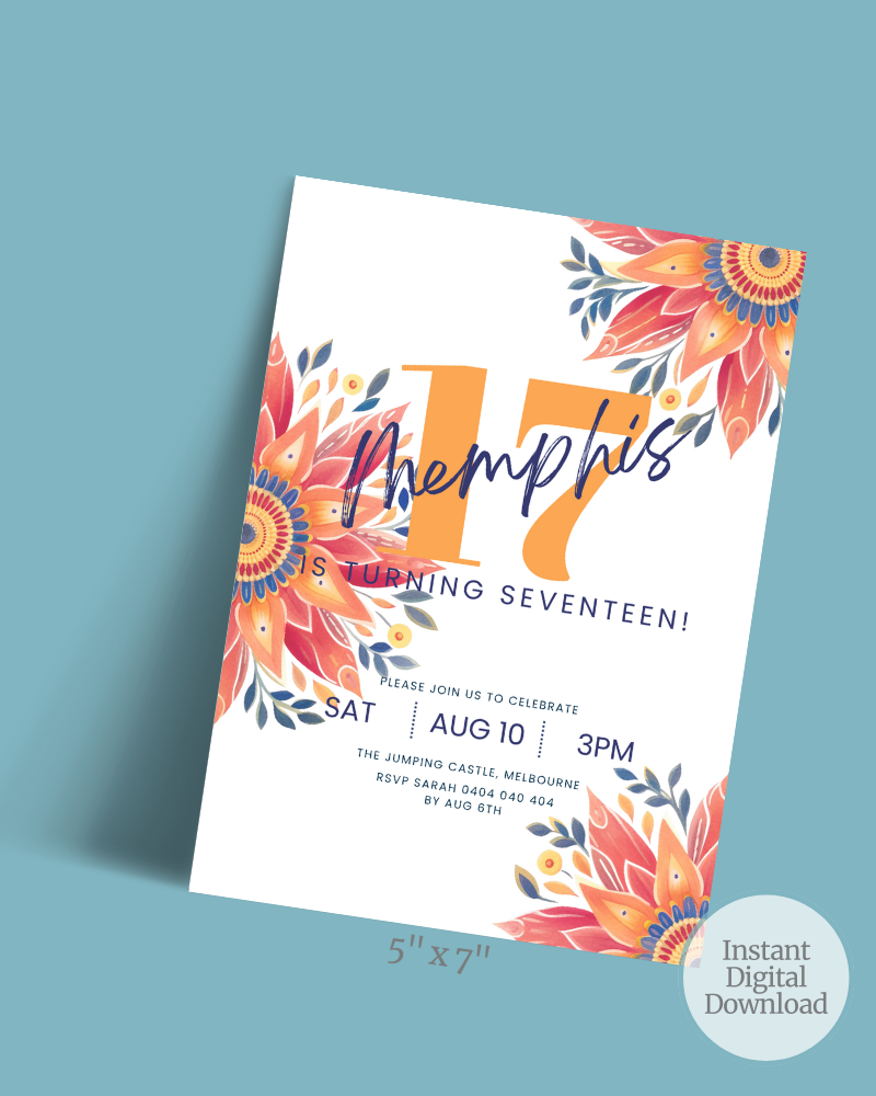 Colorful invitation featuring floral elements, celebrating Memphis's 17th birthday, with event details.