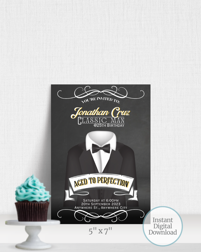 Invitation featuring a tuxedo graphic with elegant text for a 25th birthday celebration. Cupcake in foreground.