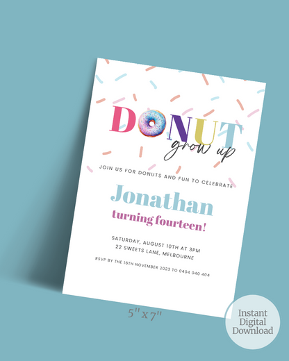 Colorful invitation featuring playful text and sprinkles, celebrating Jonathan's 14th birthday with a donut theme.