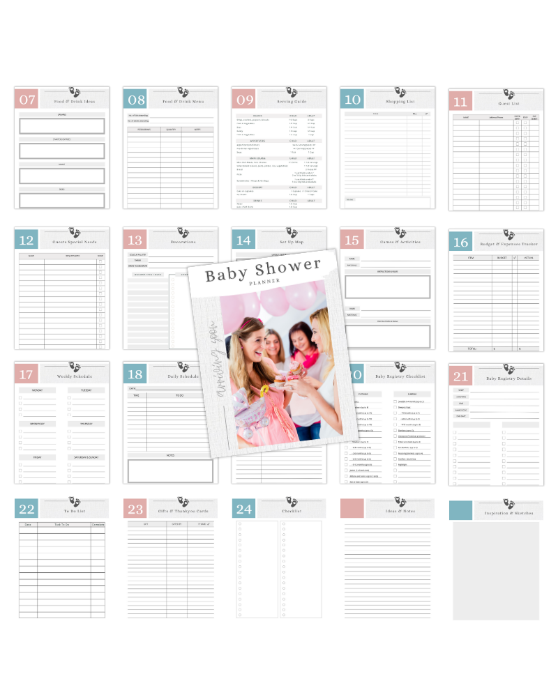 A planner layout for a baby shower, featuring sections for schedules, lists, and a photo of smiling women celebrating.