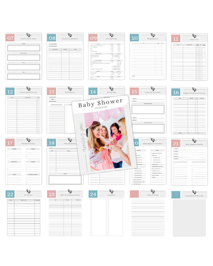 A planner layout for a baby shower, featuring sections for schedules, lists, and a photo of smiling women celebrating.