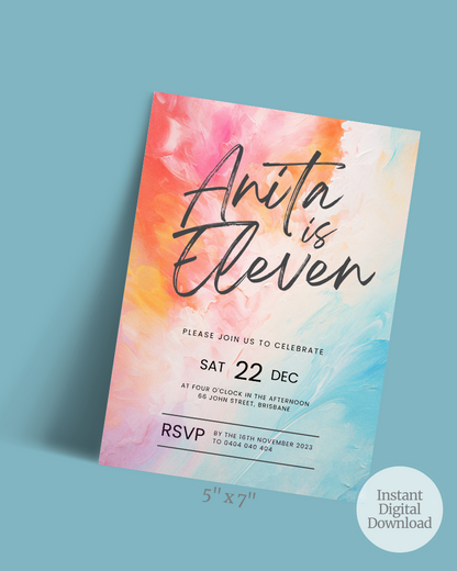 Colorful invitation featuring swirls of pink, orange, and blue with elegant text for a birthday celebration.