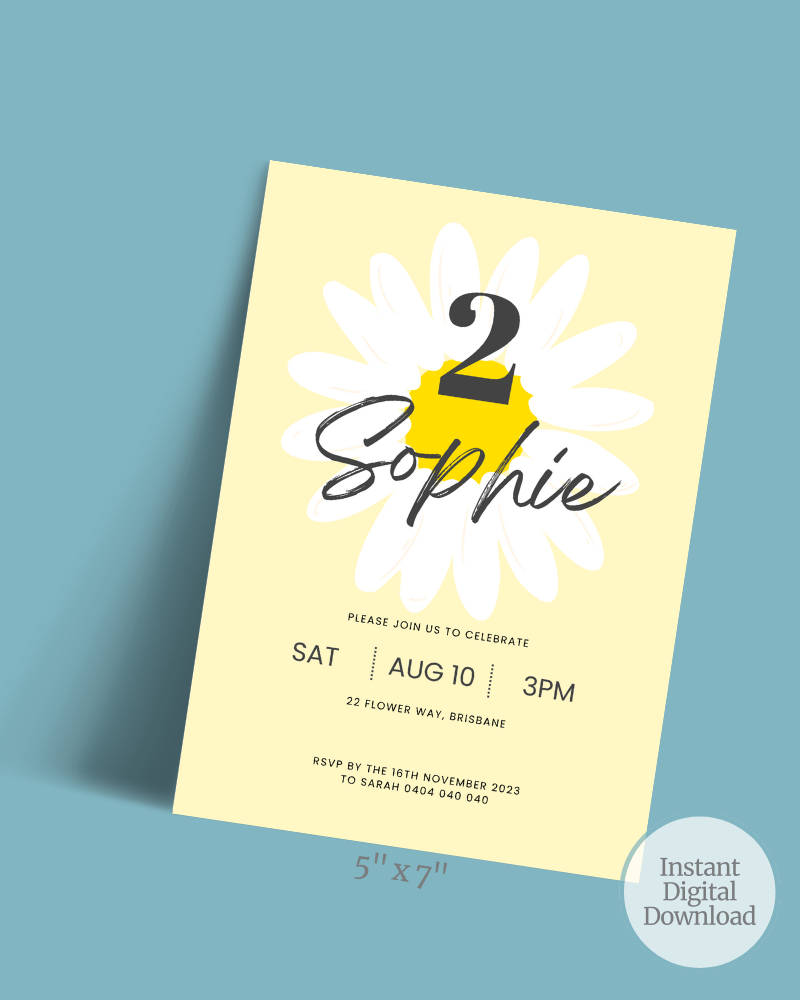 Bright yellow card featuring a daisy, celebrating a birthday for Sophie on August 10 at 3 PM in Brisbane.