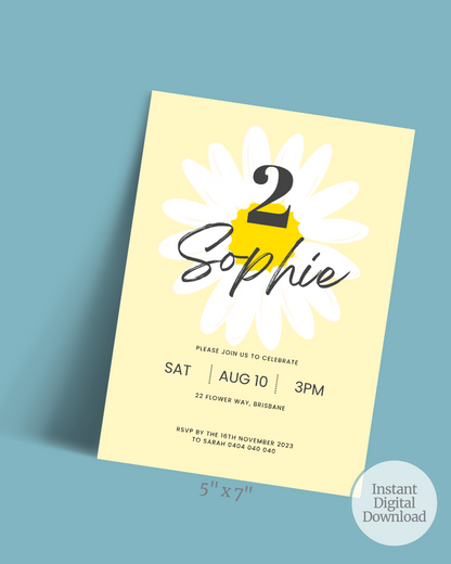 Bright yellow card featuring a daisy, celebrating a birthday for Sophie on August 10 at 3 PM in Brisbane.