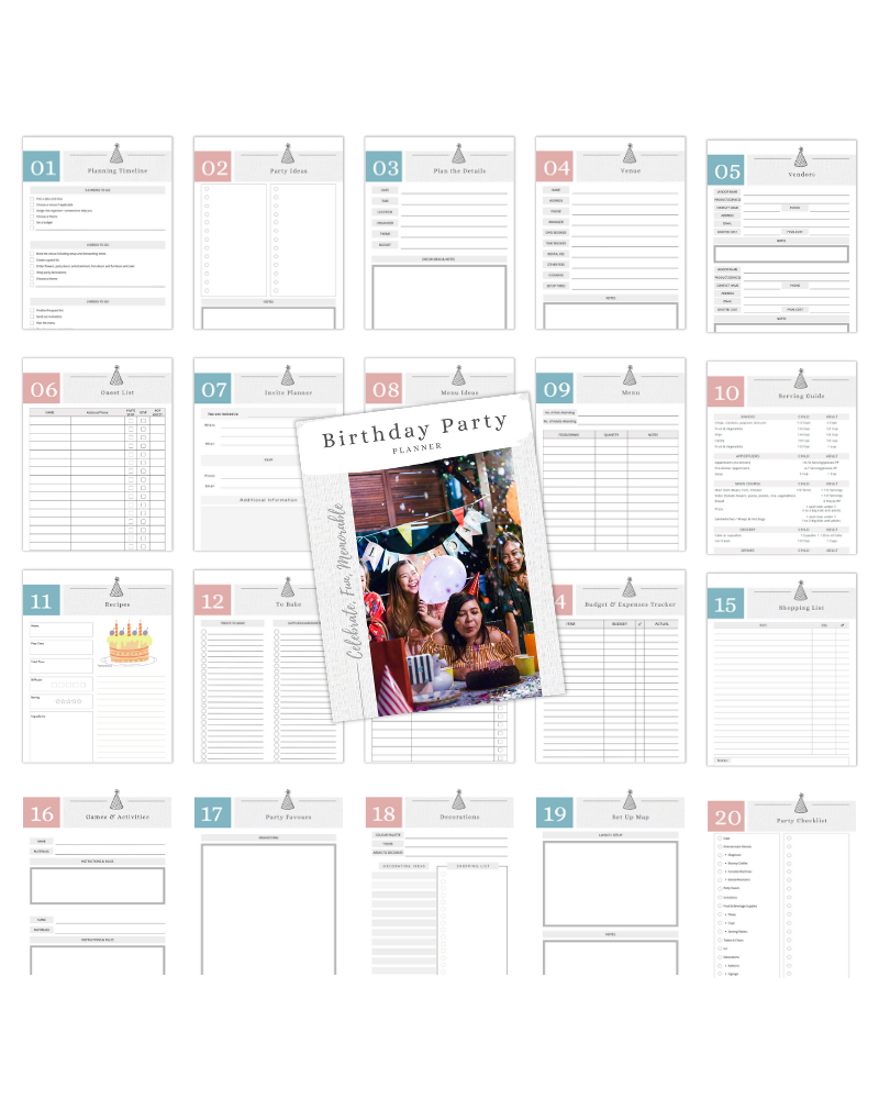 A collection of planning sheets for organizing a birthday celebration, featuring a vibrant photo of a festive gathering.