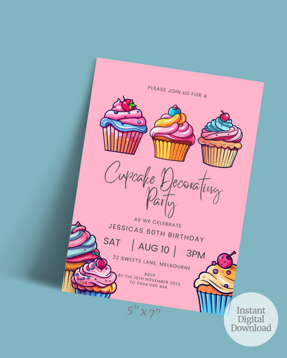 Colorful cupcake illustrations on a pink background for a birthday celebration invitation.