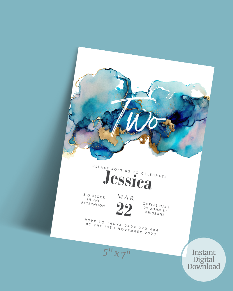 Invitation featuring blue and gold watercolor swirls, with elegant text for a celebration on March 22 for Jessica.