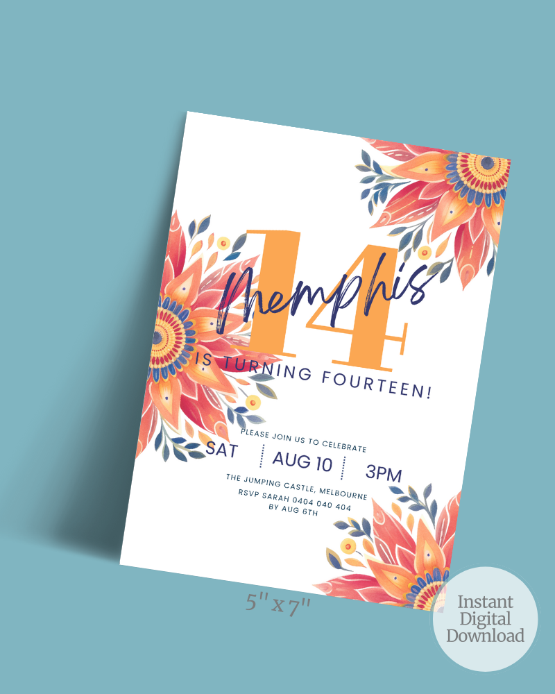 Colorful birthday invitation featuring floral accents and bold text announcing a 14th birthday celebration.