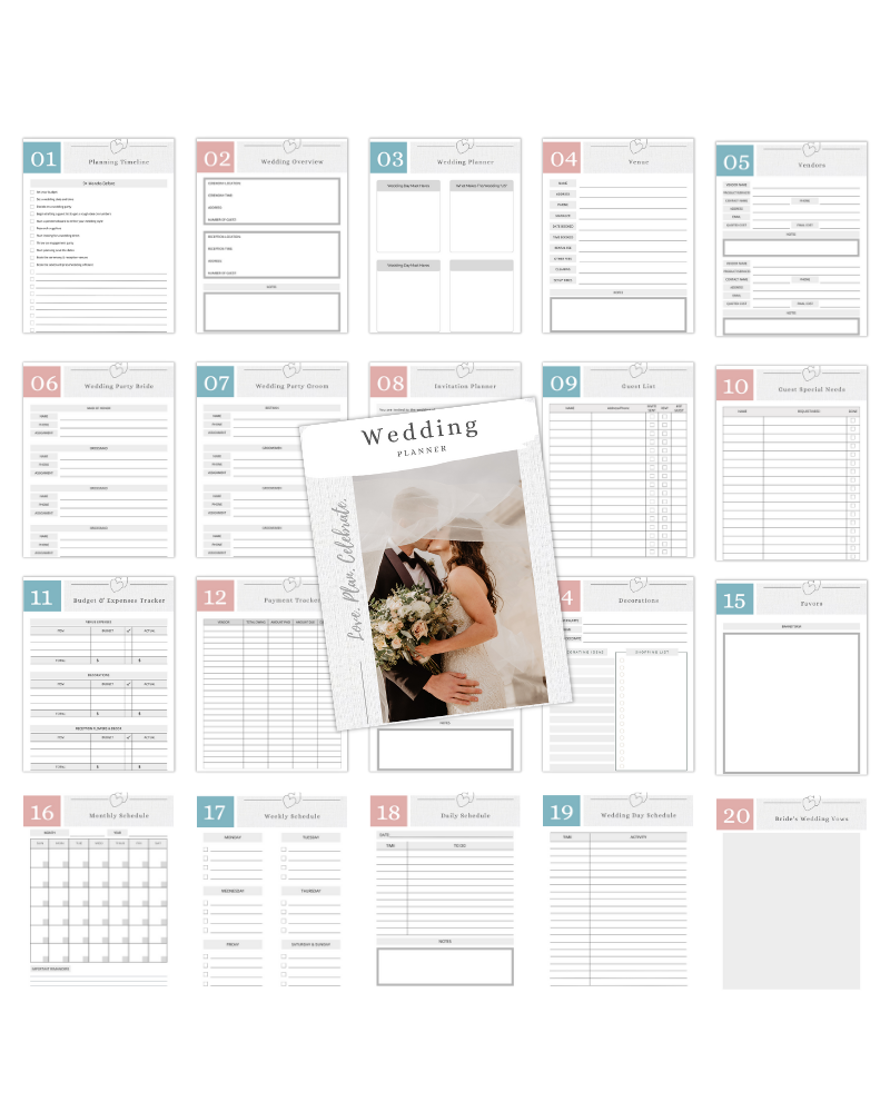 A collection of wedding planning sheets featuring a couple holding a bouquet, organized in a grid layout.