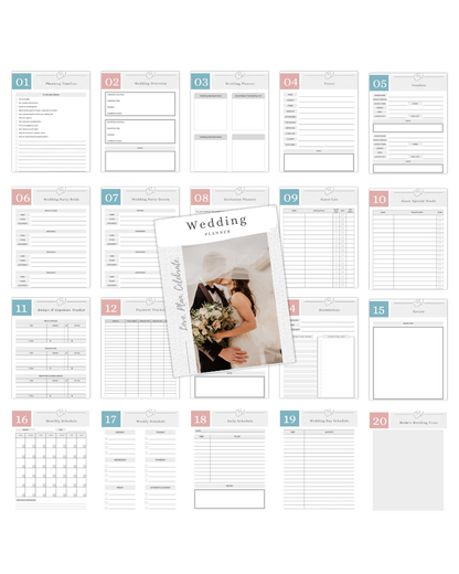 A collection of wedding planning sheets featuring a couple holding a bouquet, organized in a grid layout.