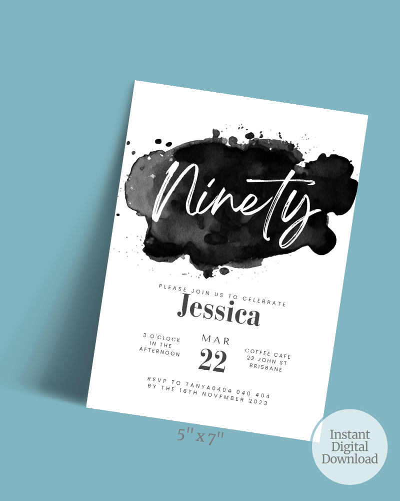 Elegant invitation featuring bold black watercolor splashes, stylish typography, and event details on a light blue background