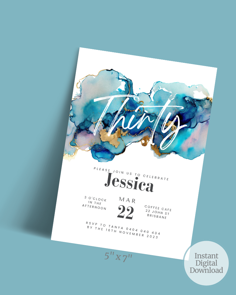 Elegant invitation featuring blue and gold watercolor splashes with bold text for a 30th birthday celebration.