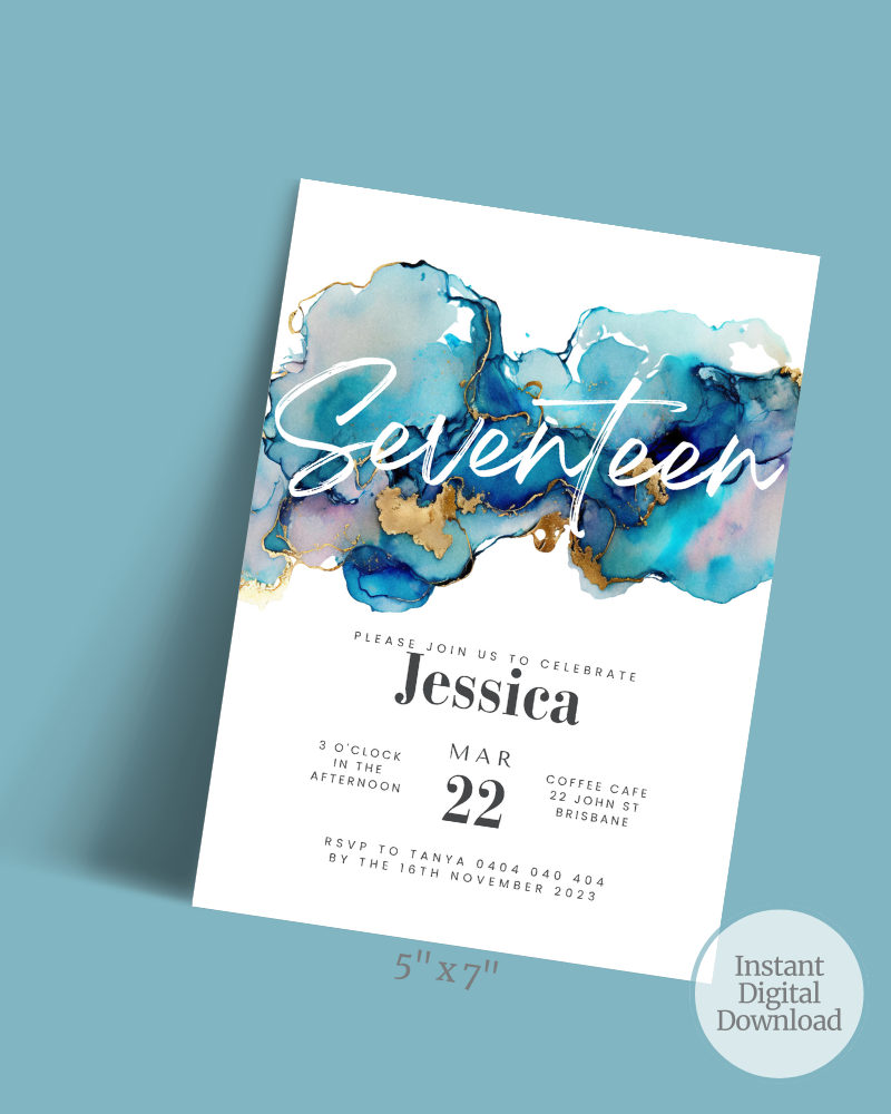 A colorful invitation featuring blue and gold watercolor splashes, announcing a 17th birthday celebration for Jessica.