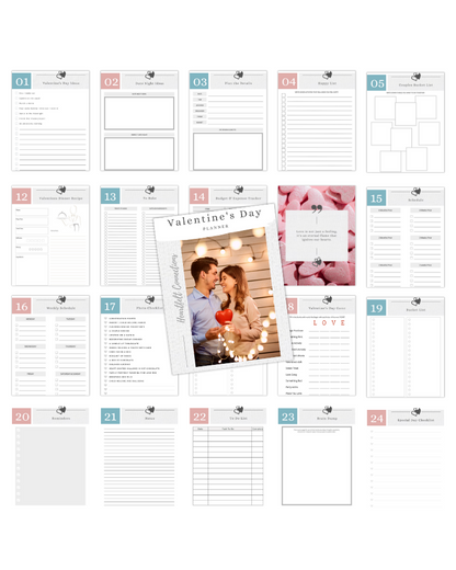 A planner layout for Valentine's Day featuring heart-themed sections and a couple holding a heart.