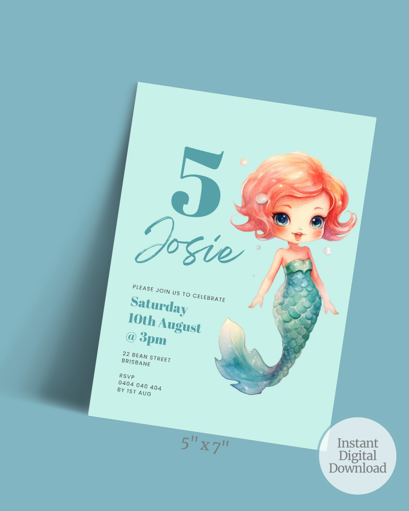 Colorful invitation featuring a cheerful mermaid with pink hair, announcing a birthday celebration for Josie.